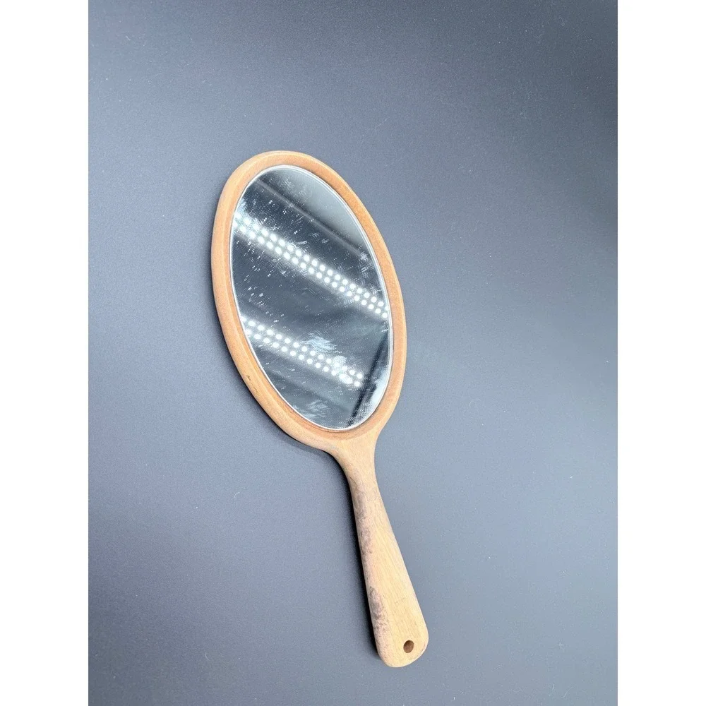 Vintage‎ Handheld Wood Mirror Oval Natural Grain Vanity Hand Mirror Brown